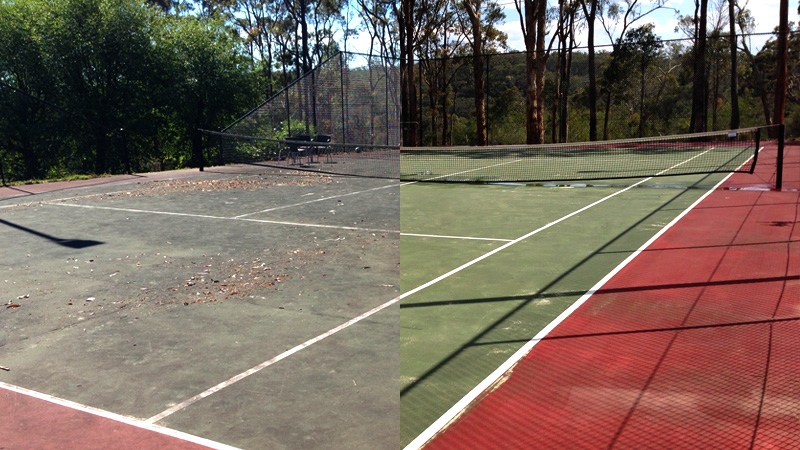 A tennis court before and after pressure cleaning.