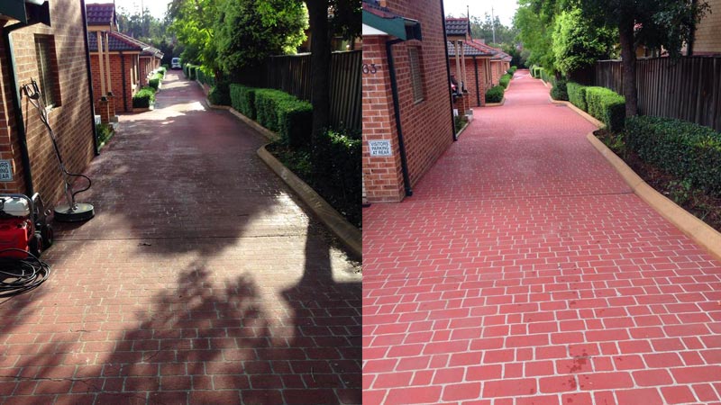 A stencilled concrete driveway before and after cleaning.