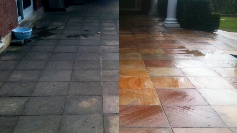 Patio tiles before and after cleaning.