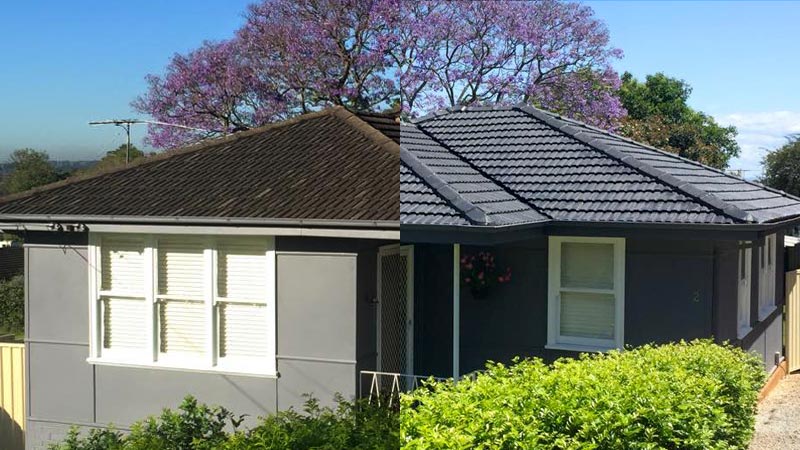 A roof before and after cleaning and repainting.