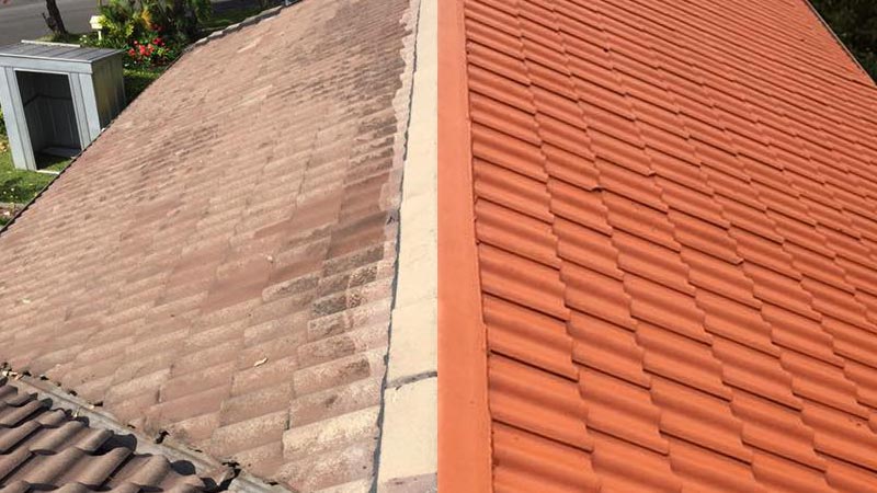 A terracotta tiled roof before and after cleaning and re-colouring.